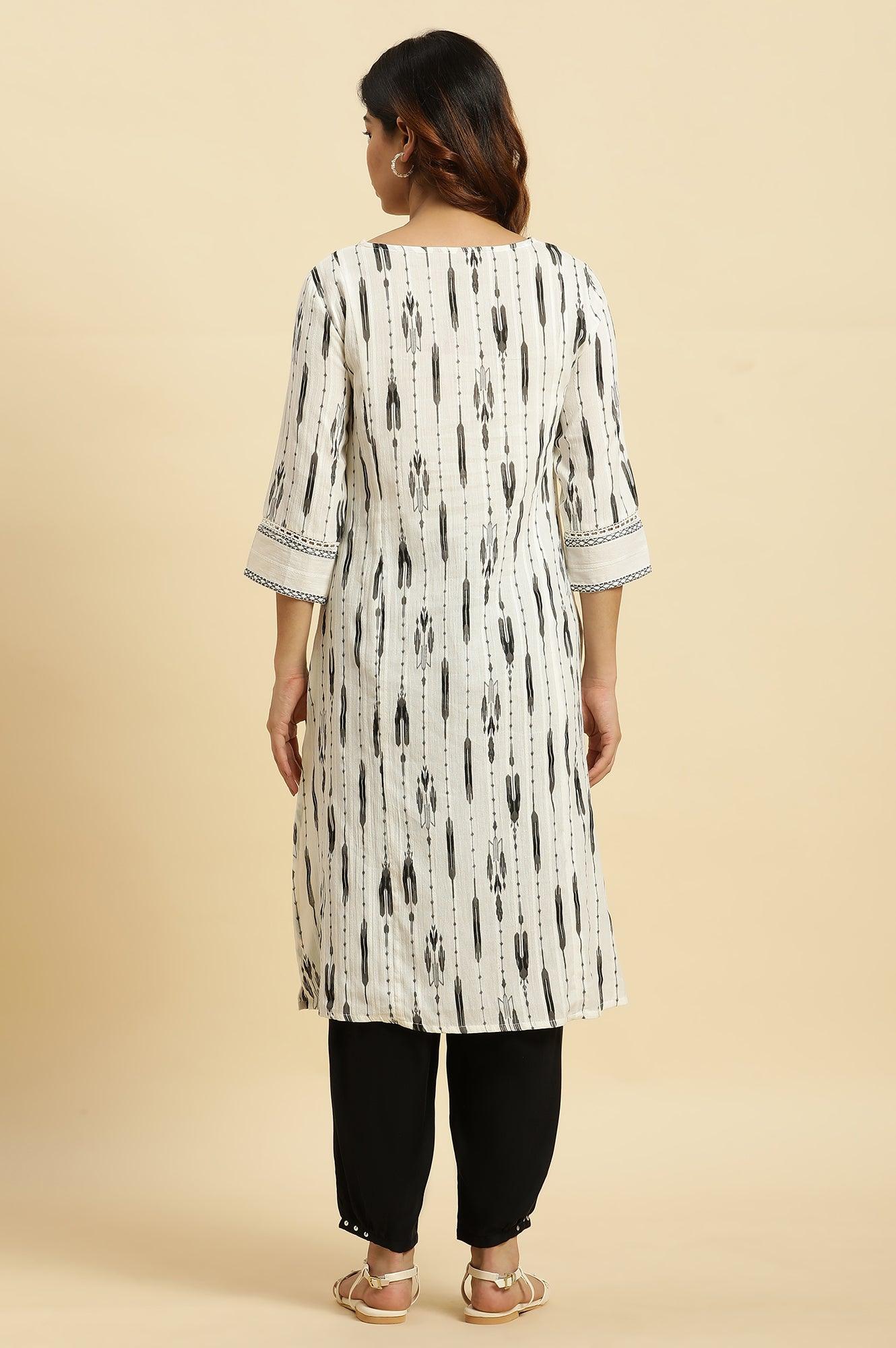 Off-White Textured Cotton Kurta With Black Ikkat Print - wforwoman