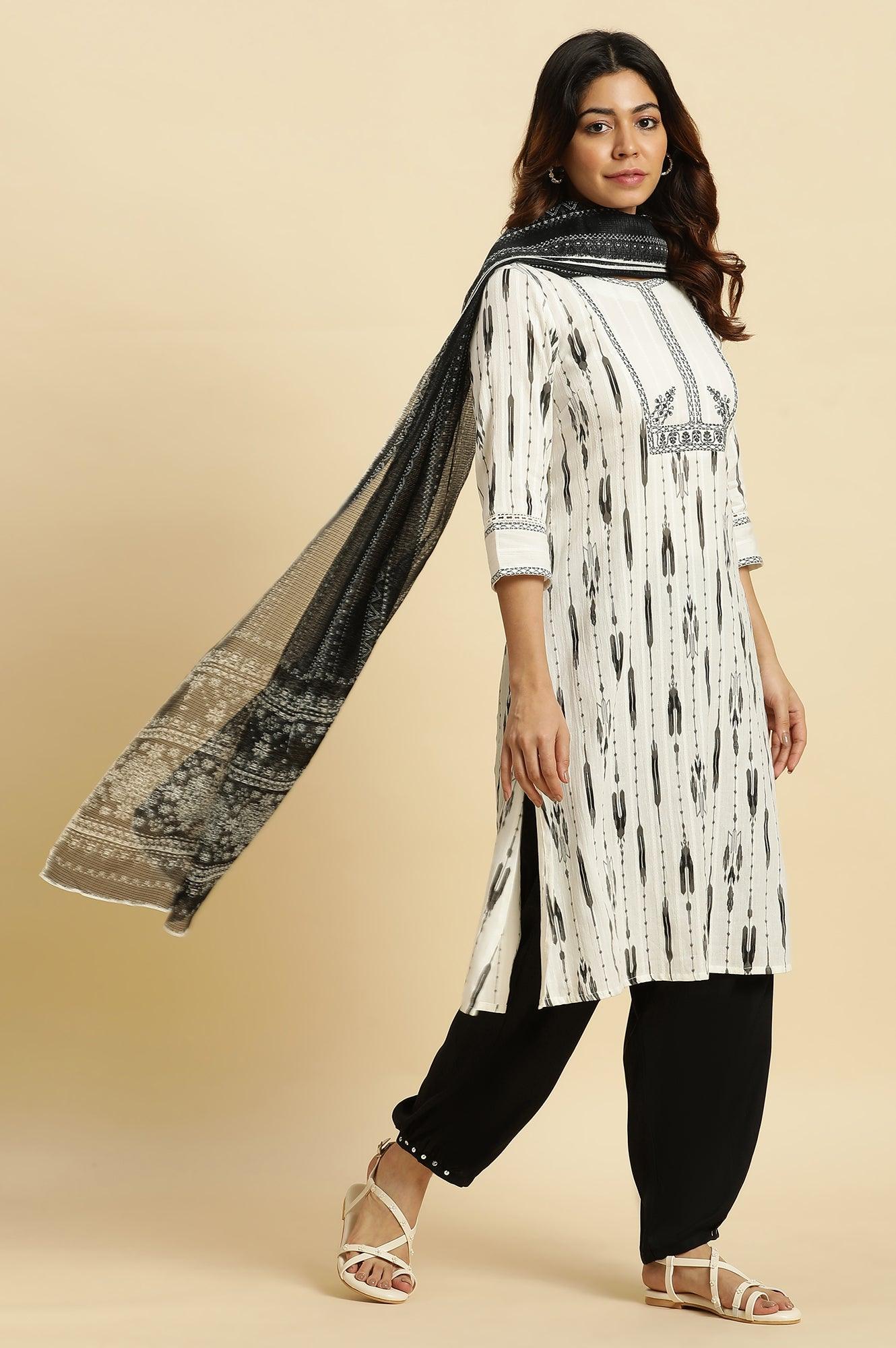 Off-White Textured Cotton Kurta With Black Ikkat Print - wforwoman