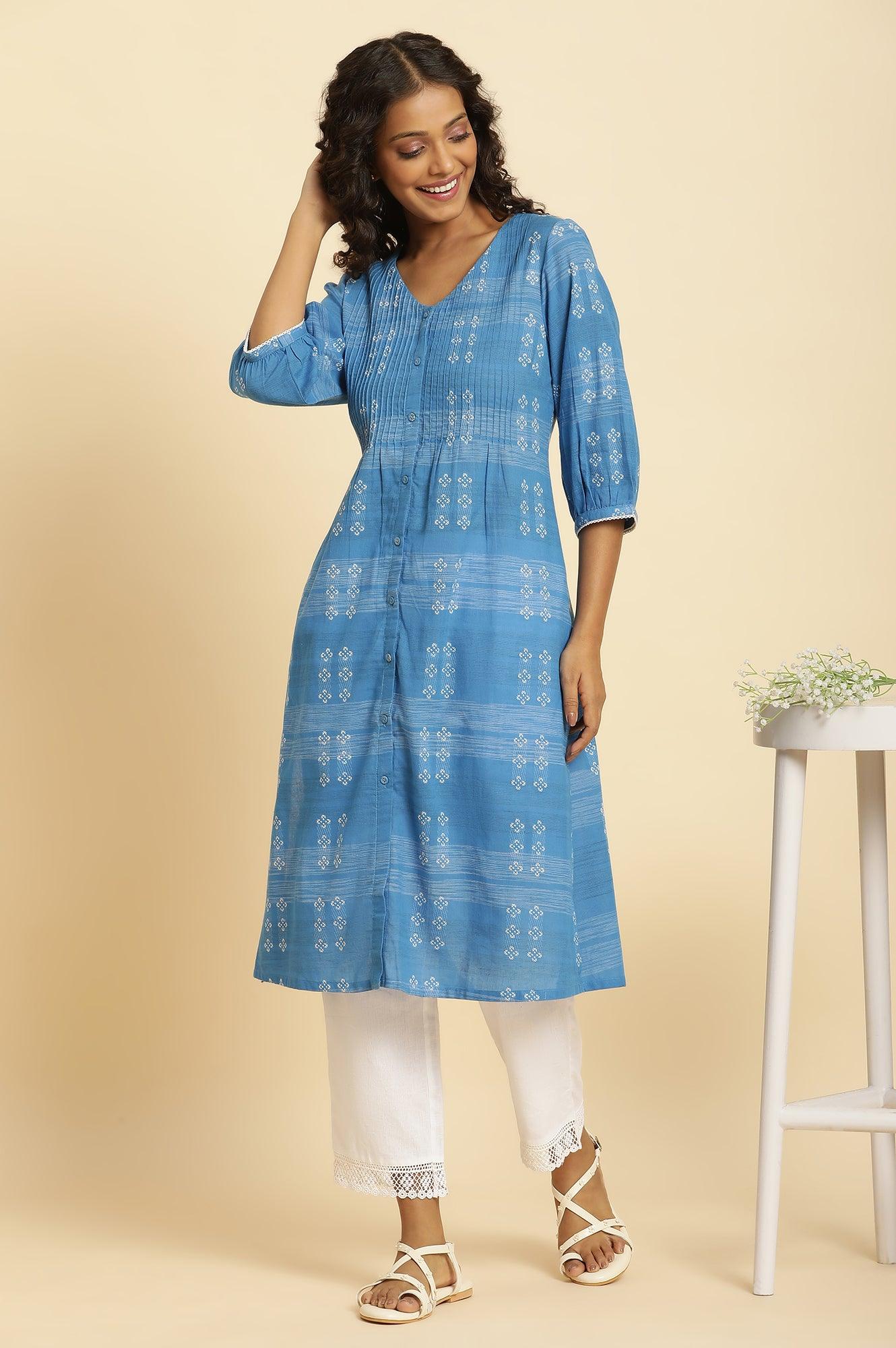 Blue Cotton Dobby A-Line Kurta - wforwoman