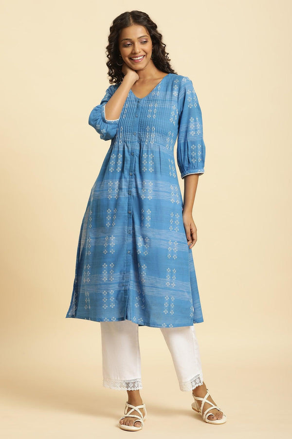 Blue Cotton Dobby A-Line Kurta