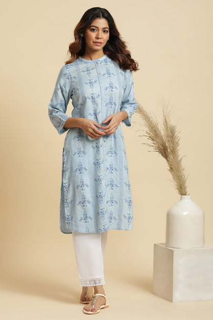 Blue Geometric Straight Woven Kurta