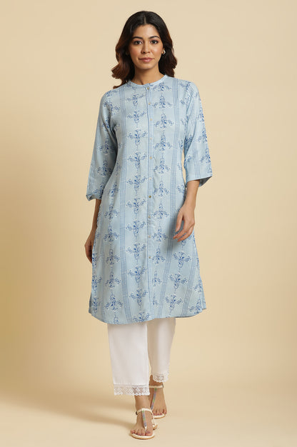 Blue Geometric Straight Woven Kurta