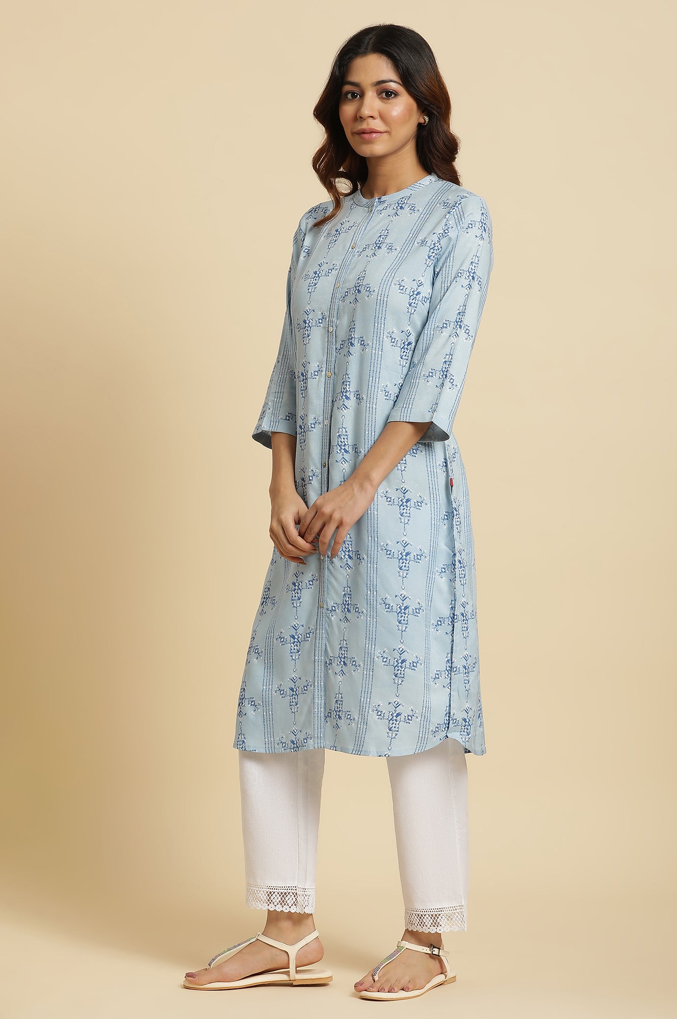Blue Geometric Straight Woven Kurta