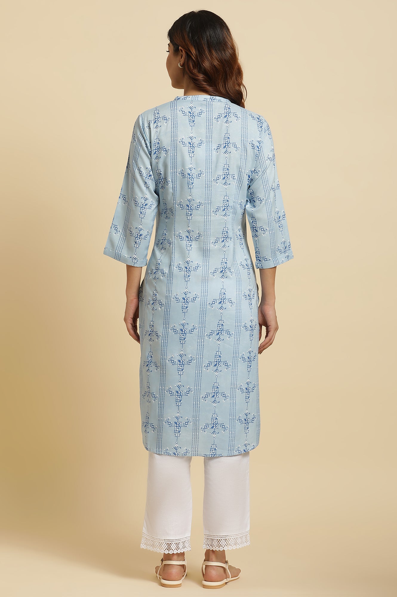 Blue Geometric Straight Woven Kurta