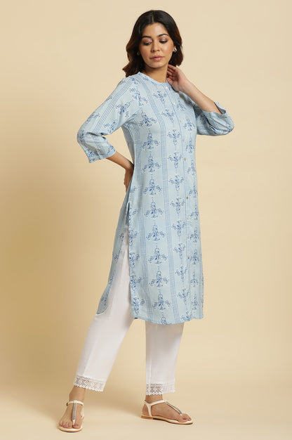 Blue Geometric Straight Woven Kurta