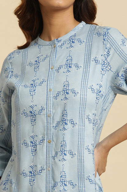 Blue Geometric Straight Woven Kurta