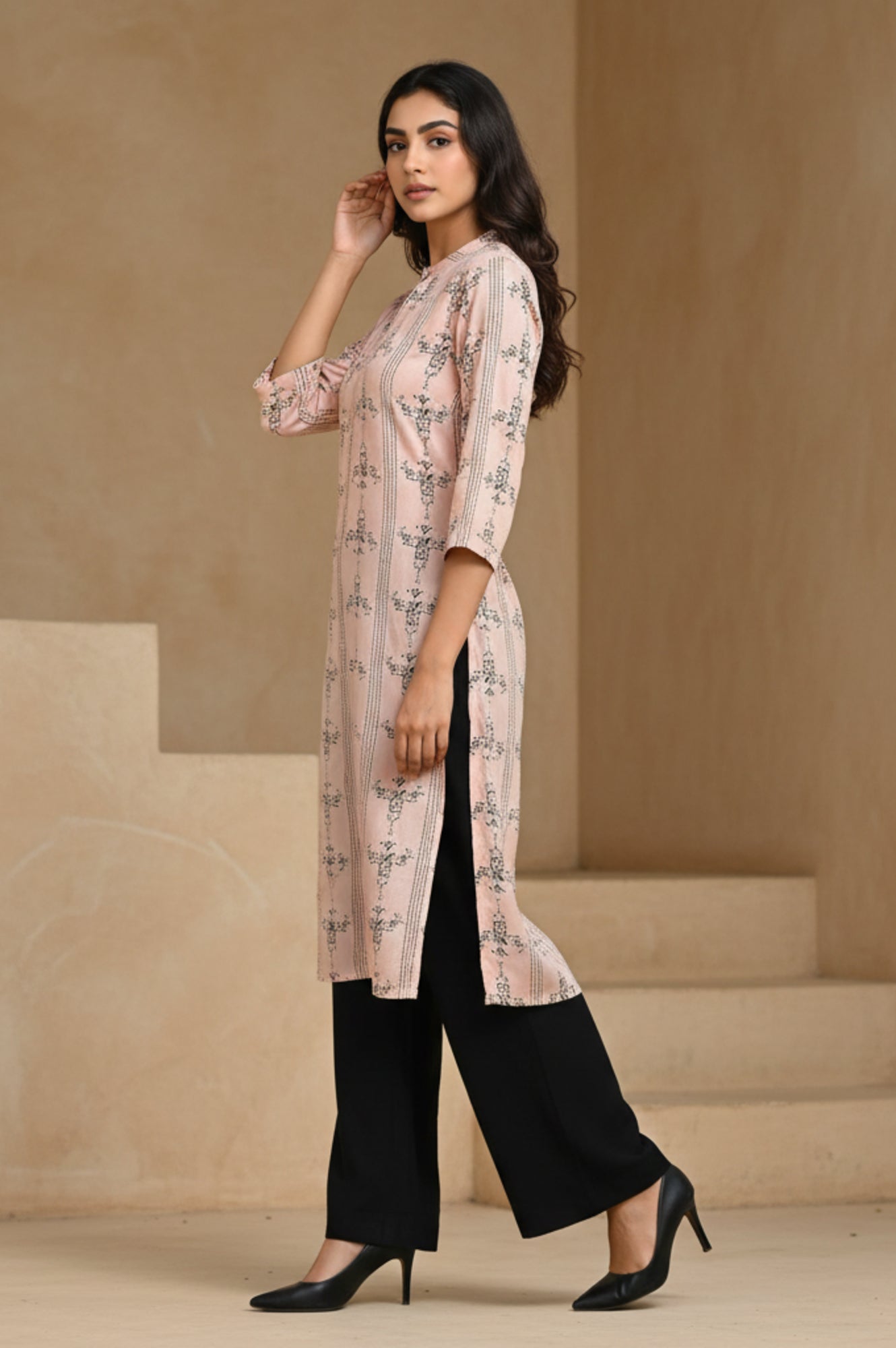 Pink Geometric Printed Rayon Shirt Kurta