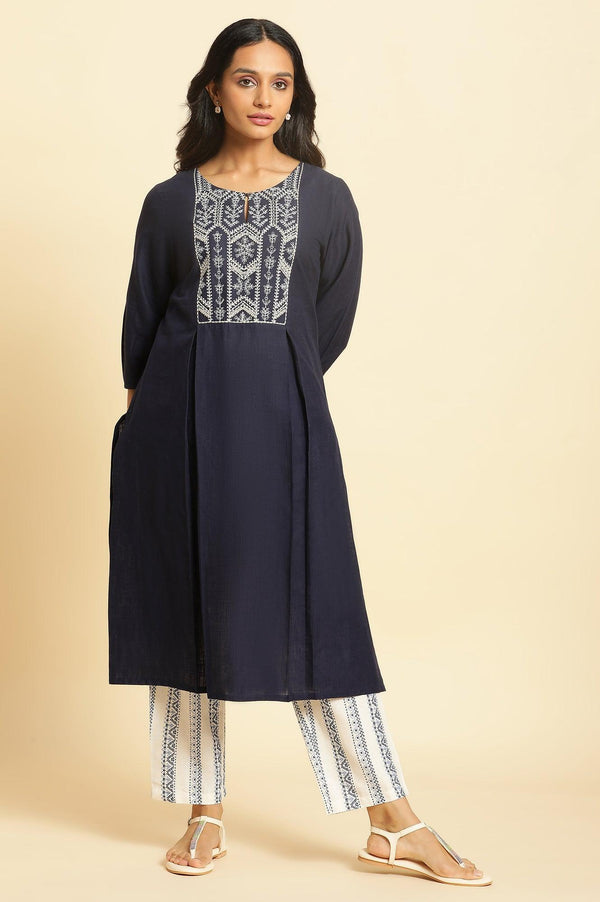 Blue Dori Embroidered Pure Cotton Straight Kurta with Pleats on Yoke