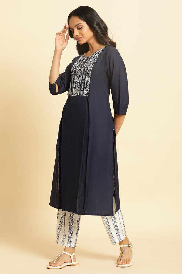 Blue Dori Embroidered Pure Cotton Straight Kurta with Pleats on Yoke