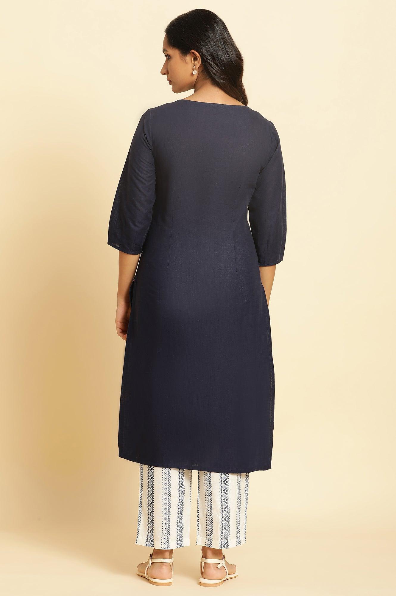 Blue Embroidered Kurta With Pleats - wforwoman