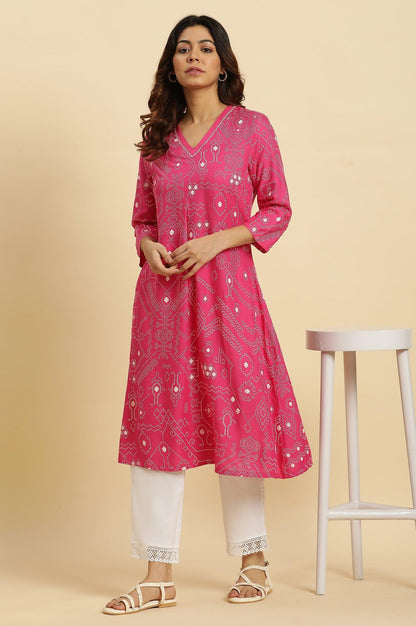 Pink Geometric Printed A-Line Kurta - wforwoman