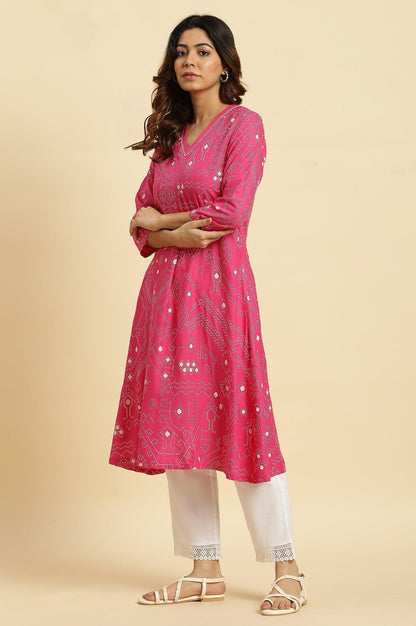 Pink Geometric Printed A-Line Kurta - wforwoman