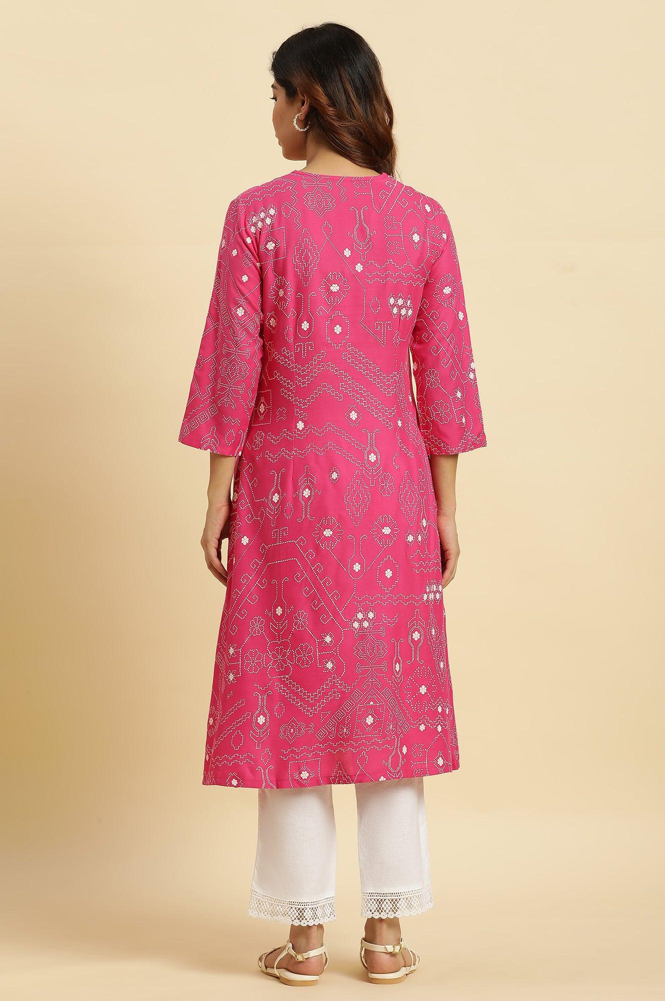 Pink Geometric Printed A-Line Kurta - wforwoman