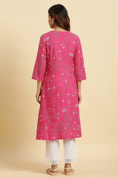 Pink Geometric Printed A-Line Kurta - wforwoman