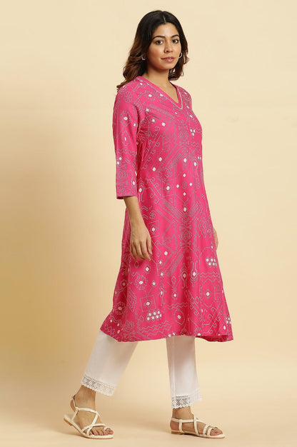 Pink Geometric Printed A-Line Kurta - wforwoman