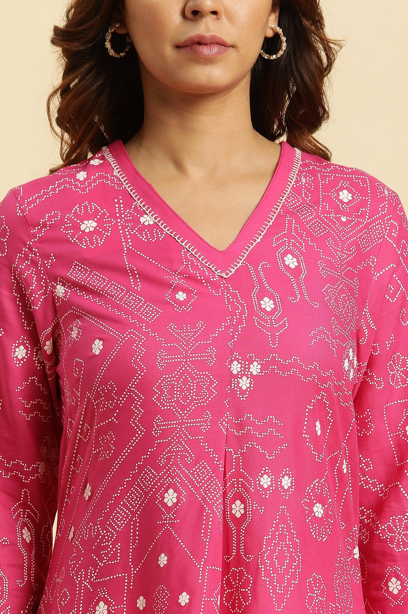 Pink Geometric Printed A-Line Kurta - wforwoman