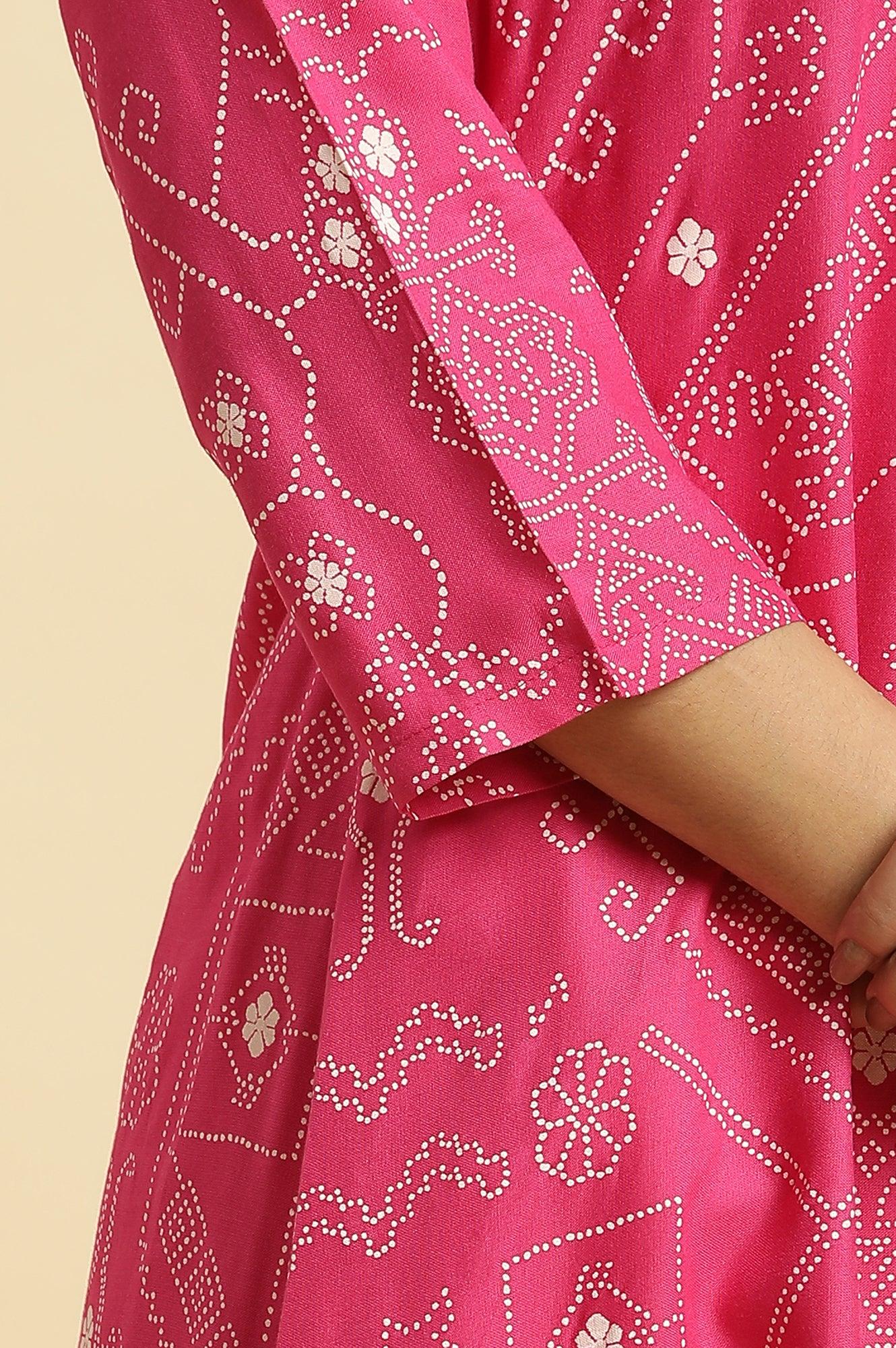 Pink Geometric Printed A-Line Kurta - wforwoman