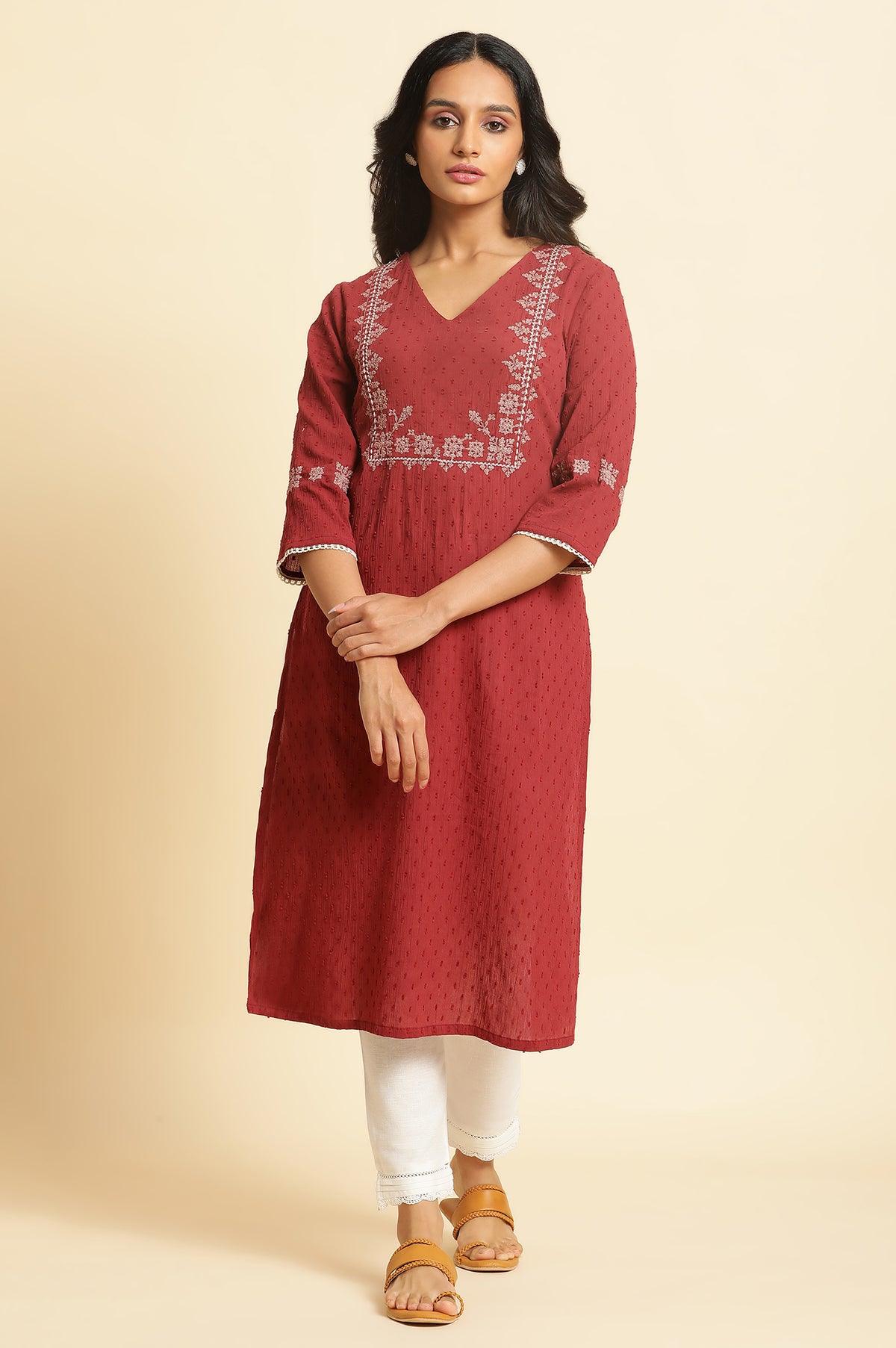 Maroon Crinkled Swiss Dot Kurta with Embroidery - XS