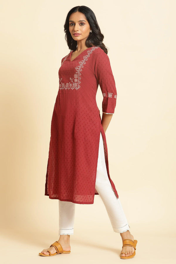 Maroon Crinkled Swiss Dot Kurta With Embroidery