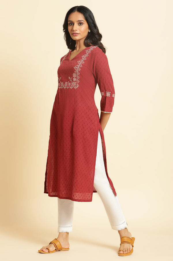 Maroon Crinkled Swiss Dot Kurta with Embroidery