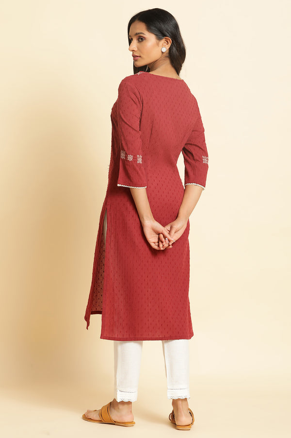 Maroon Crinkled Swiss Dot Kurta with Embroidery
