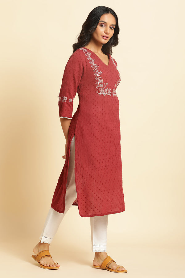 Maroon Crinkled Swiss Dot Kurta with Embroidery