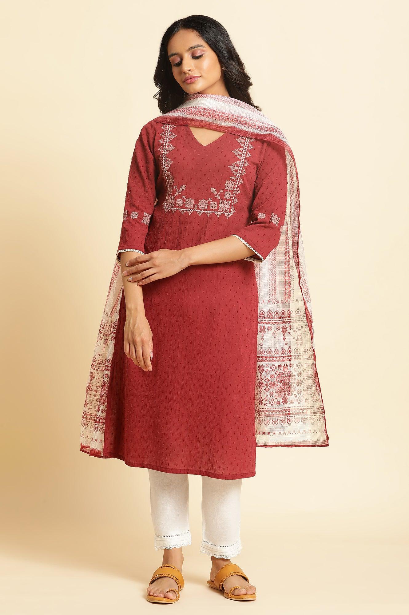 Maroon Crinkled Swiss Dot Kurta With Embroidery - wforwoman