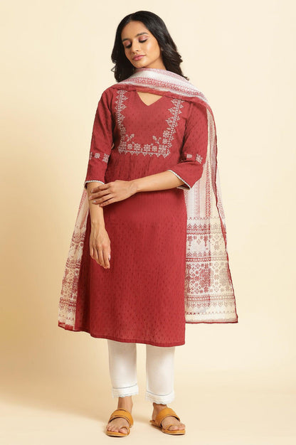 Maroon Crinkled Swiss Dot Kurta With Embroidery - wforwoman