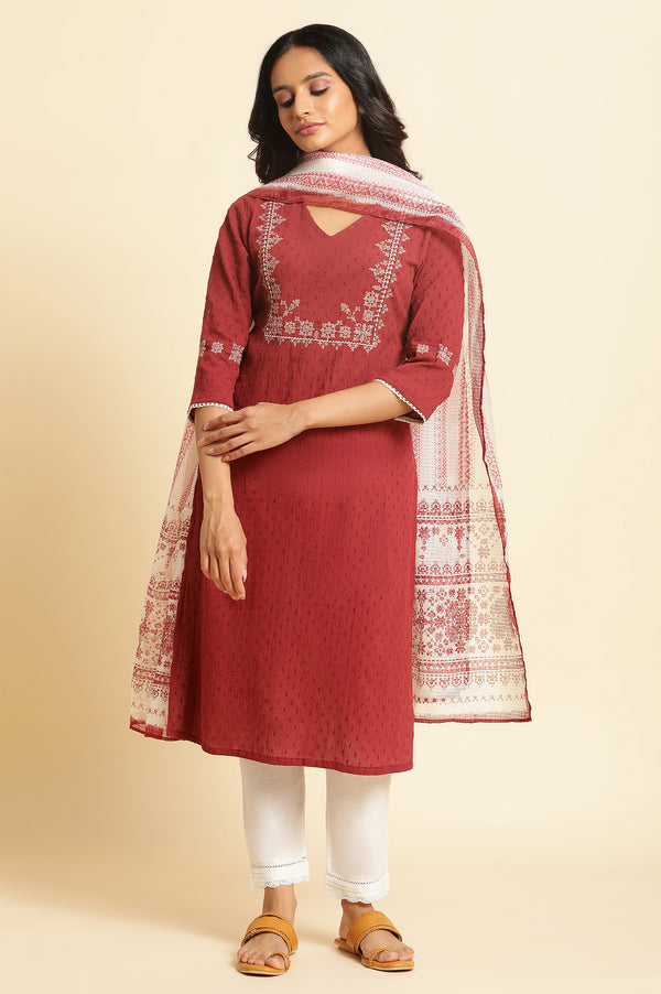 Maroon Crinkled Swiss Dot Kurta with Embroidery