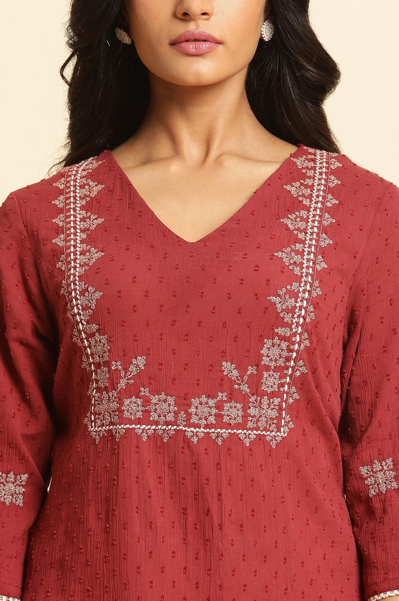 Maroon Crinkled Swiss Dot Kurta With Embroidery - wforwoman