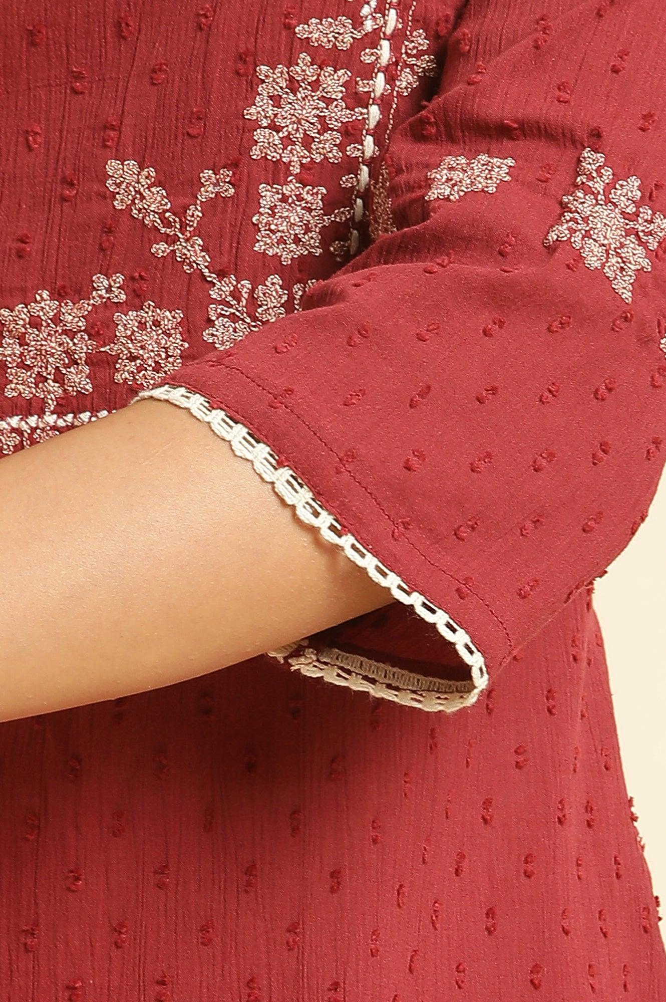 Maroon Crinkled Swiss Dot Kurta With Embroidery - wforwoman
