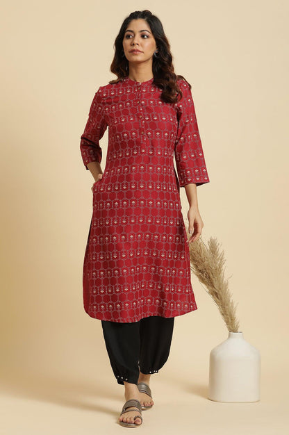 Maroon Printed Mandarin Collar Kurta - wforwoman