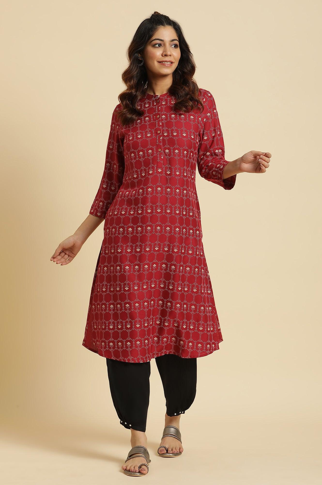 Maroon Printed Mandarin Collar Kurta - wforwoman