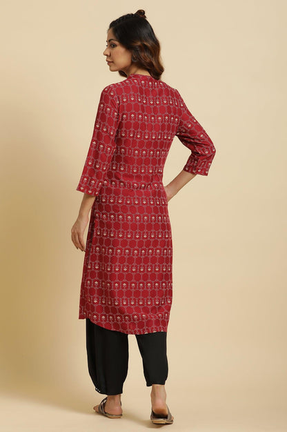 Maroon Printed Mandarin Collar Kurta - wforwoman