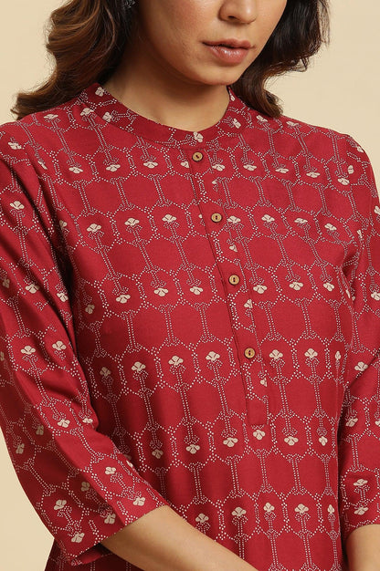 Maroon Printed Mandarin Collar Kurta - wforwoman