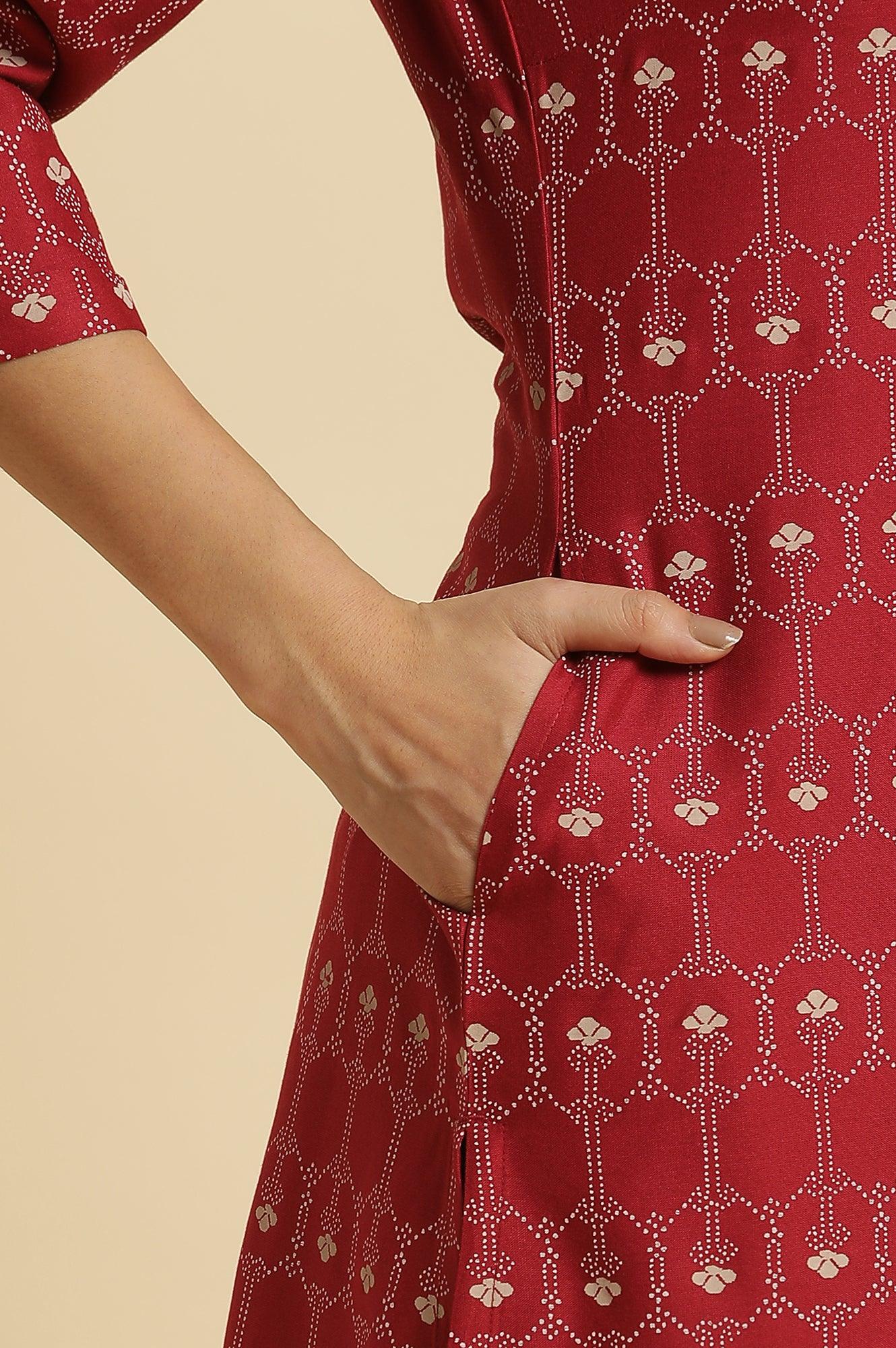 Maroon Printed Mandarin Collar Kurta - wforwoman