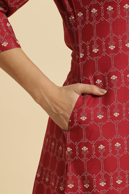 Maroon Printed Mandarin Collar Kurta - wforwoman