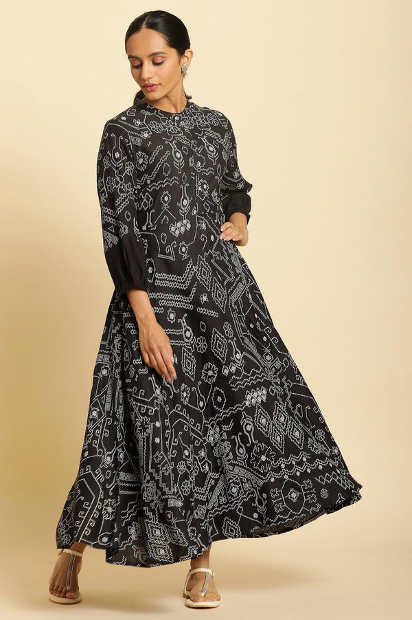 Black Bandhani Printed Flared Dress
