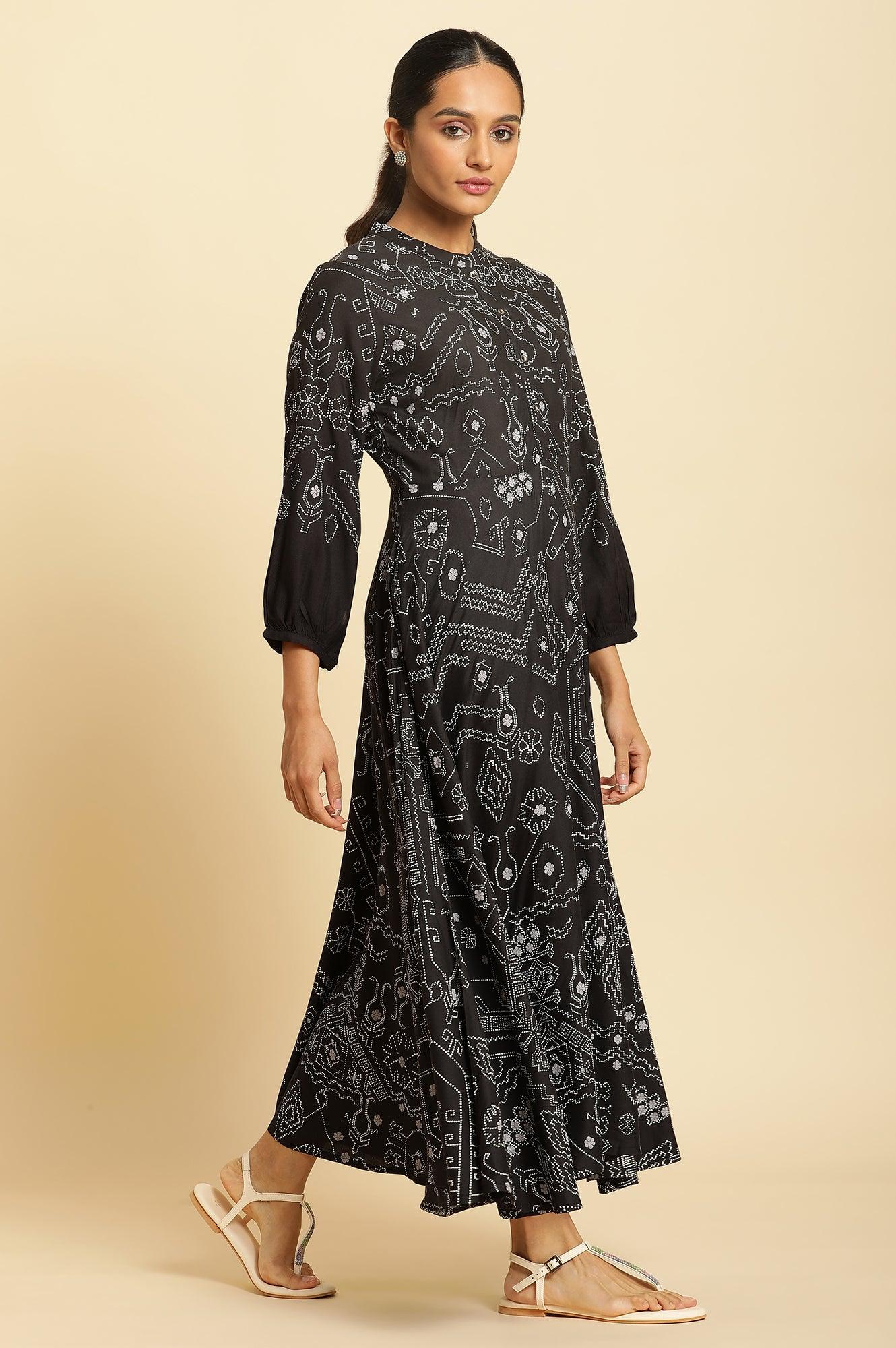 Black Bandhani Printed Flared Dress - wforwoman