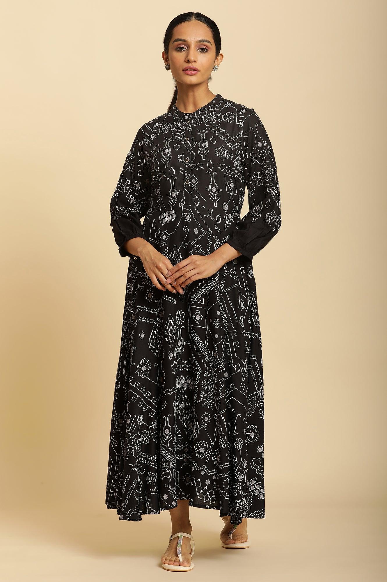 Black Bandhani Printed Flared Dress - wforwoman