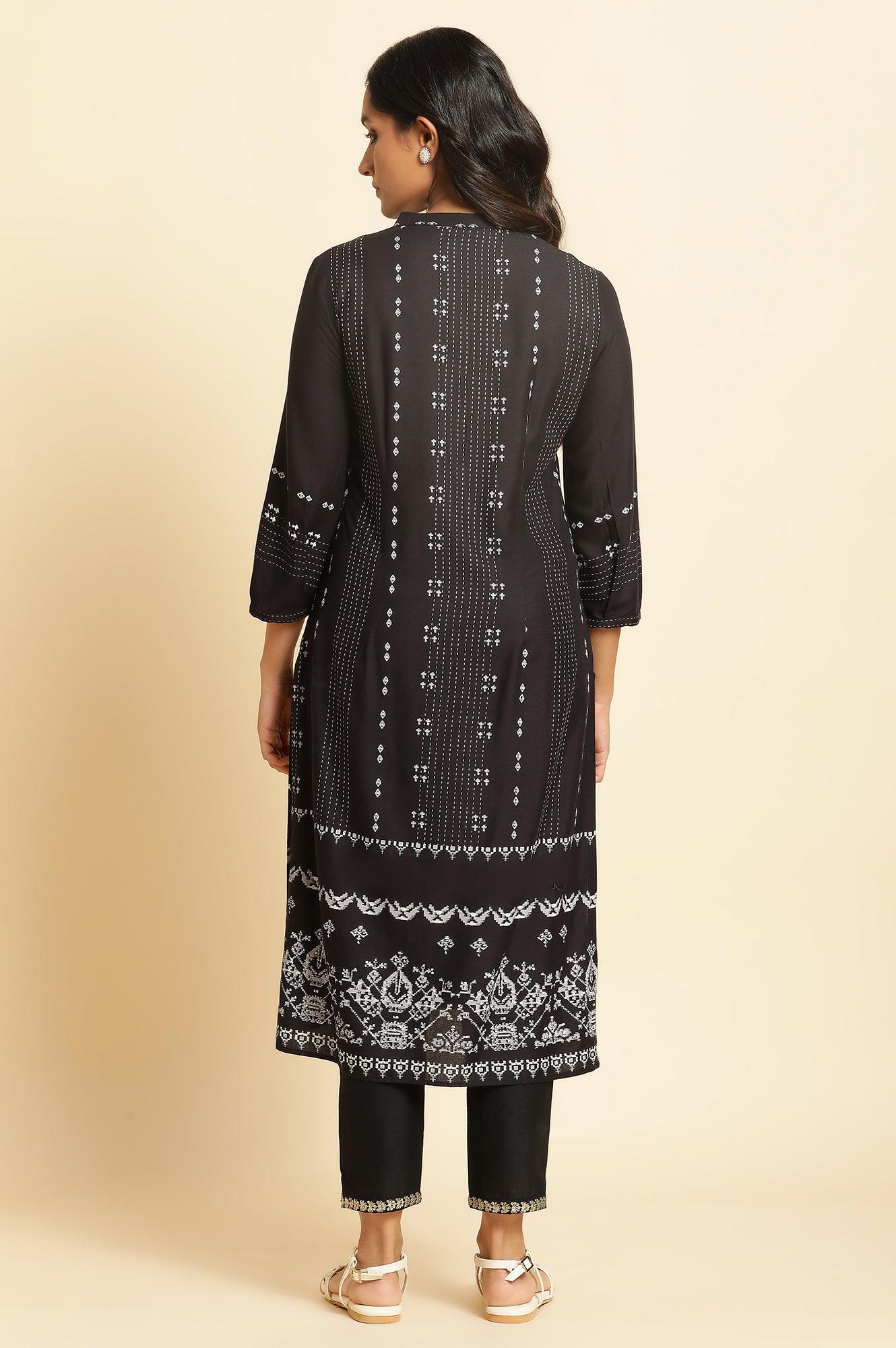 Black Geometric Printed Kurta - wforwoman