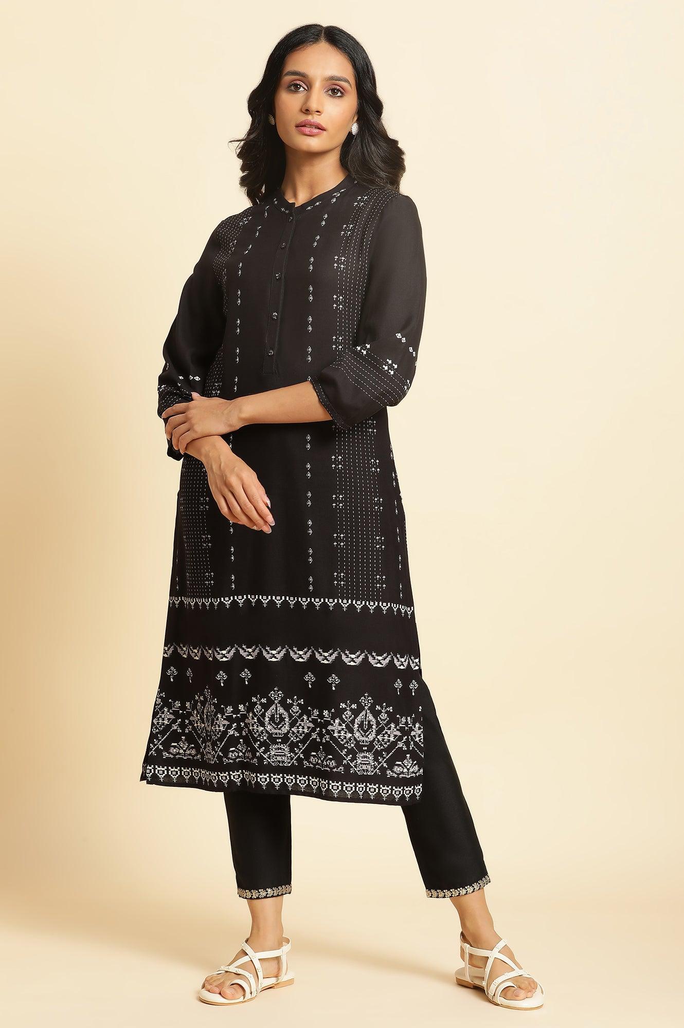 Black Geometric Printed Kurta - wforwoman