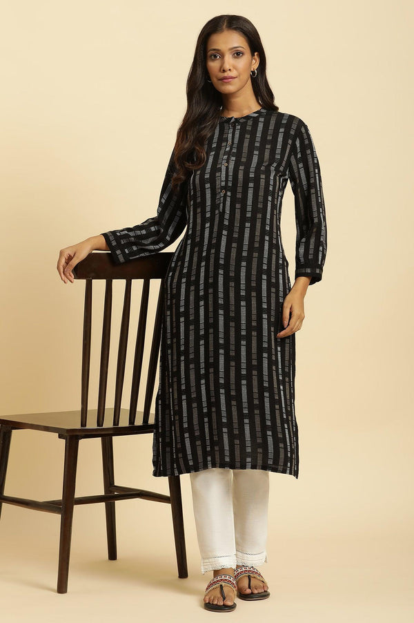 Black Printed Mandarin Collar Straight Rayon Kurta