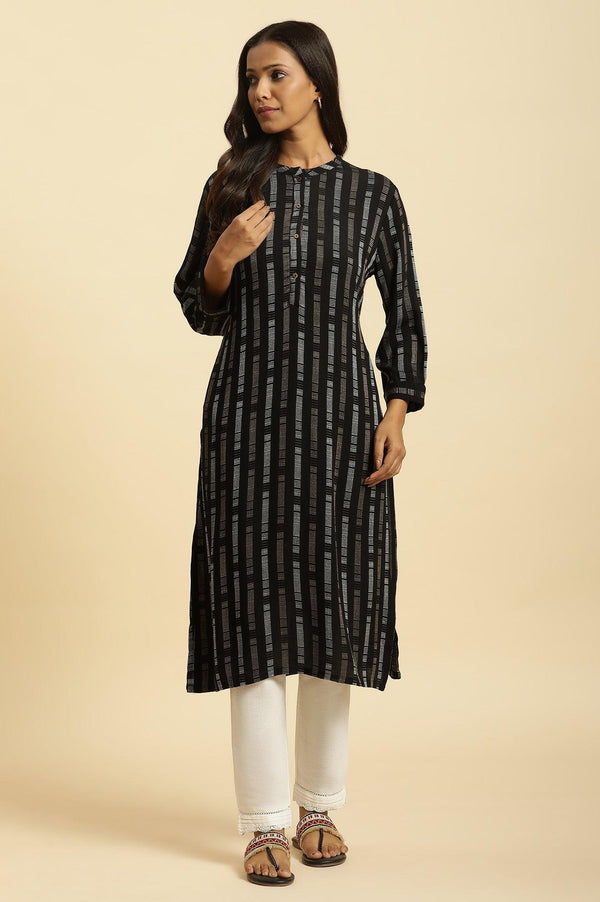 Black Printed Mandarin Collar Straight Rayon Kurta