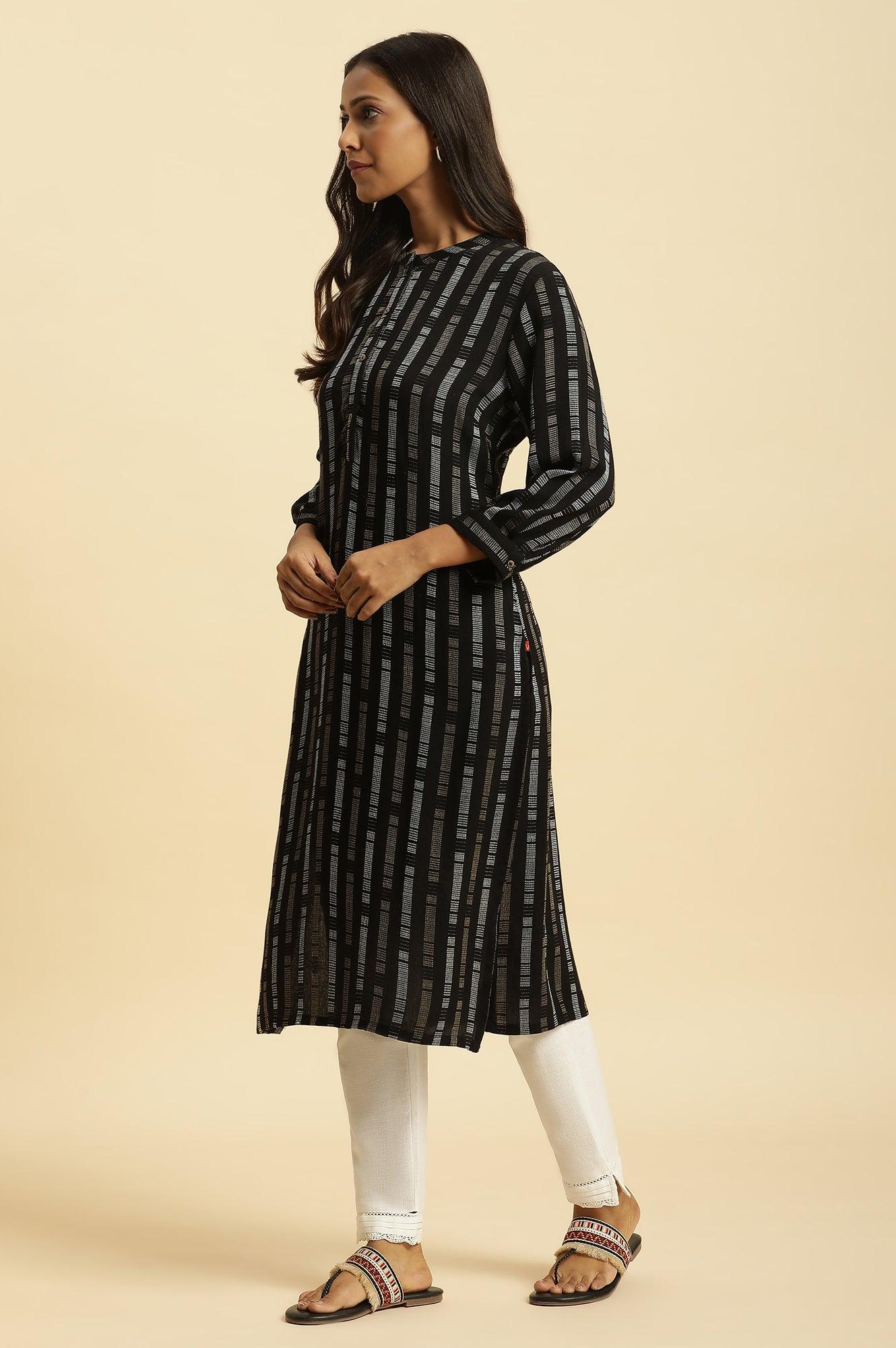 Black Printed Mandarin Collar Casual Kurta - wforwoman