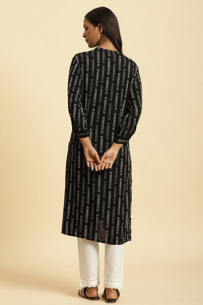 Black Printed Mandarin Collar Casual Kurta - wforwoman