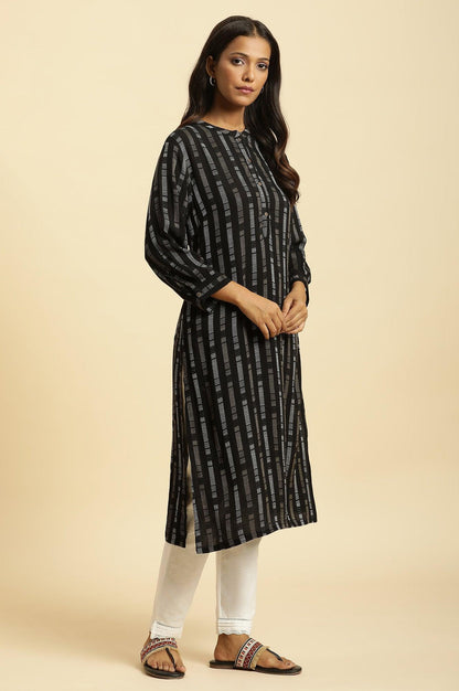 Black Printed Mandarin Collar Casual Kurta - wforwoman