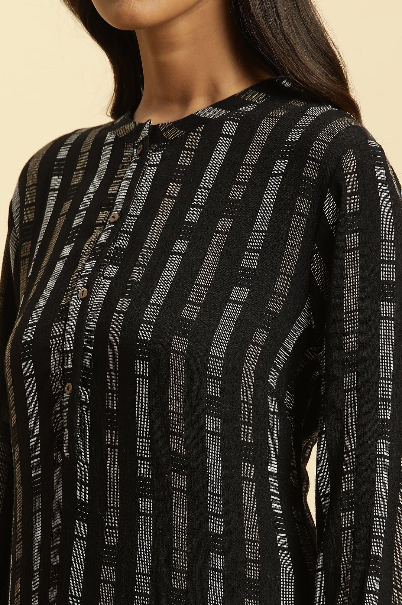 Black Printed Mandarin Collar Casual Kurta - wforwoman