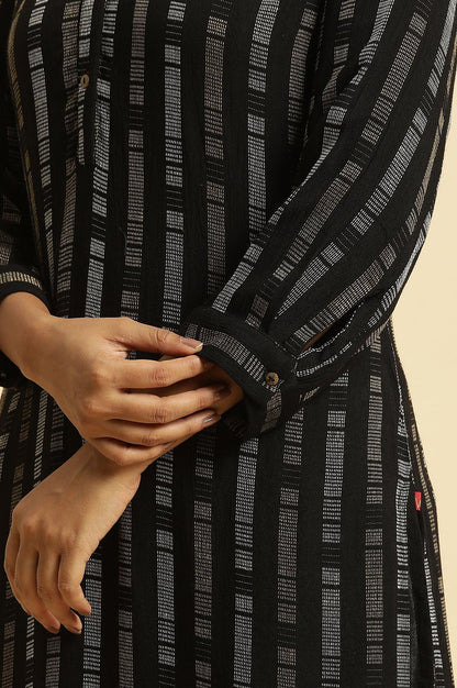 Black Printed Mandarin Collar Casual Kurta - wforwoman