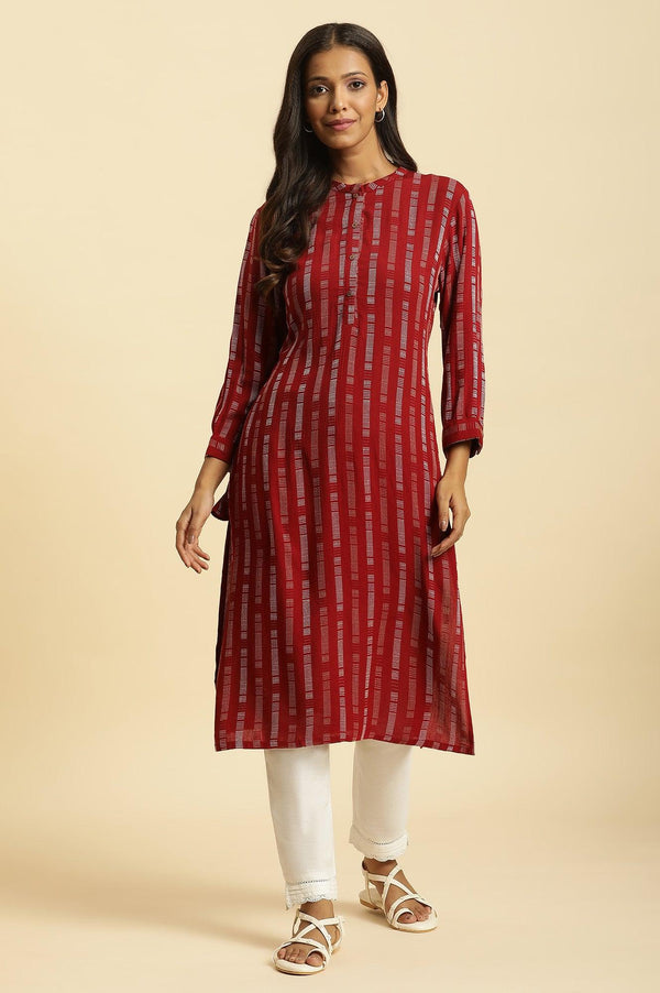 Red Printed Mandarin Collar Casual Kurta